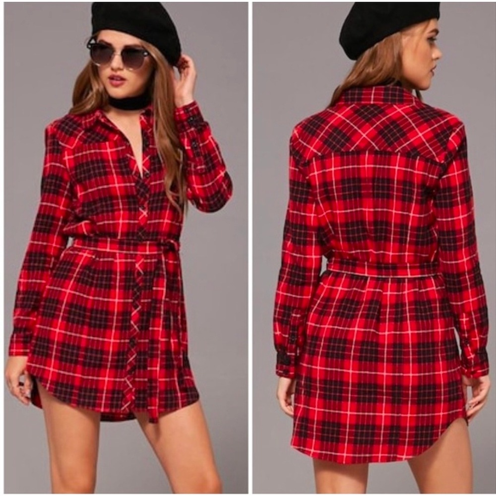 Pendleton Red Black Plaid‎ 100% Virgin Wool Belted Shirt Dress Made in USA Large